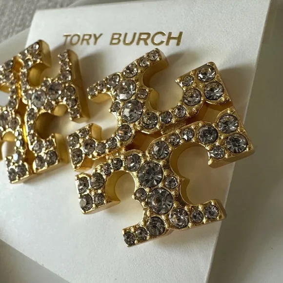 NWT Tory Burch Crystal Pave Logo Gold Earrings - Picture 5 of 6